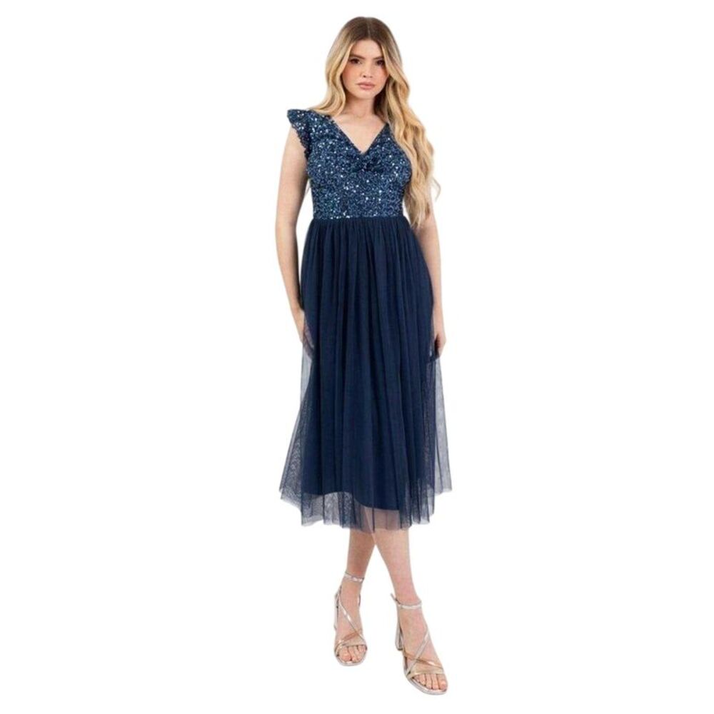 Deluxe Womens/Ladies Sequin A-line Midi Dress / French Navy